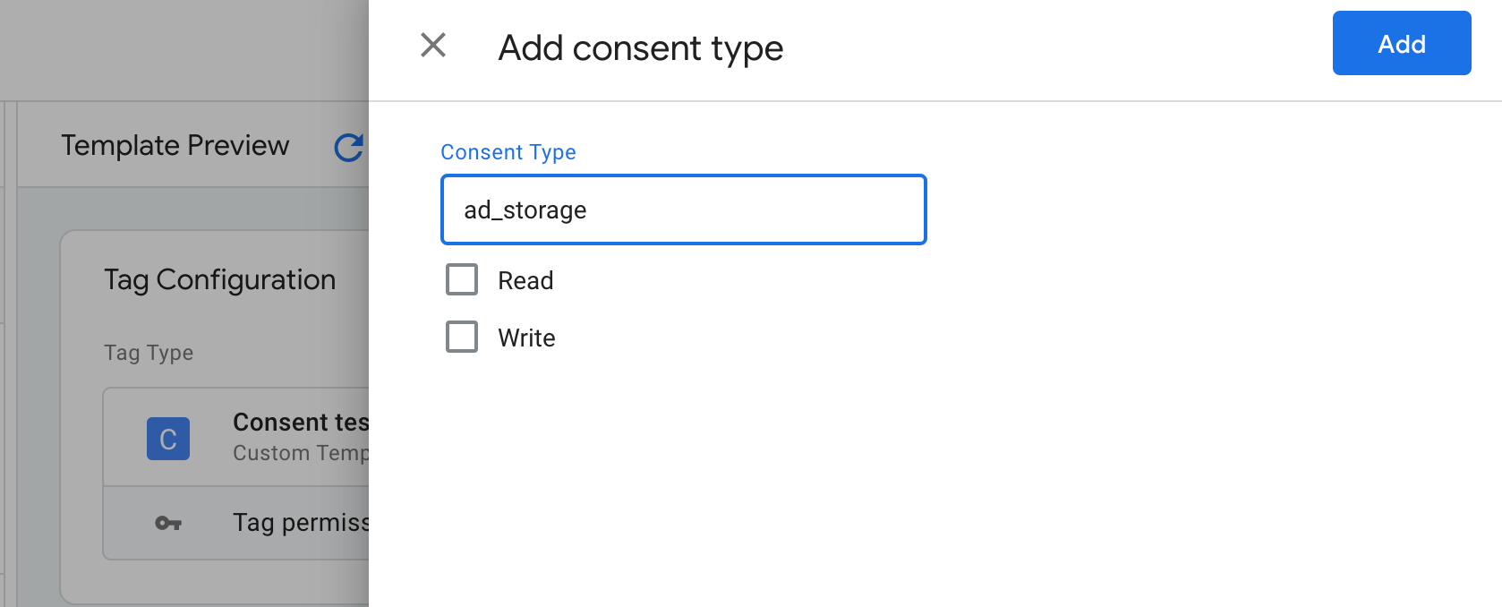 Set GTM template permissions add consent ad_storage