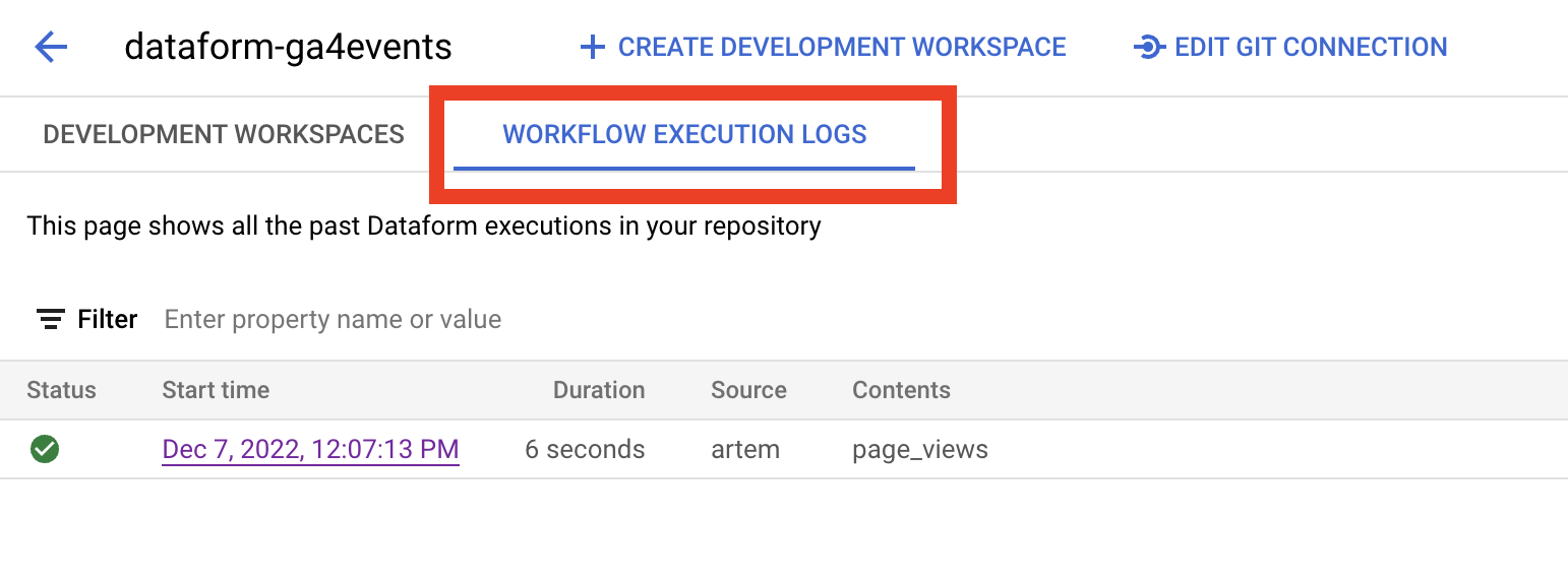 Dataform Workflow execution logs